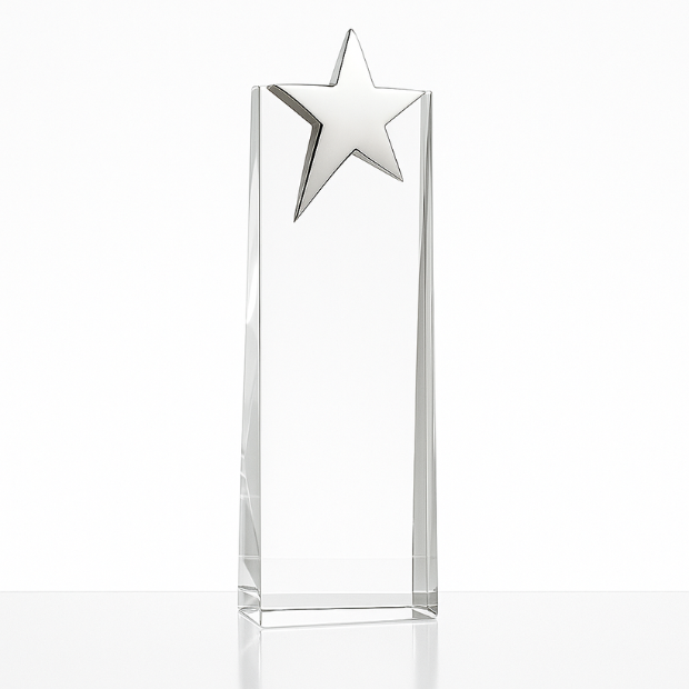 Engraved Optical Crystal Rectangle Award with Silver Star, 27.5cm