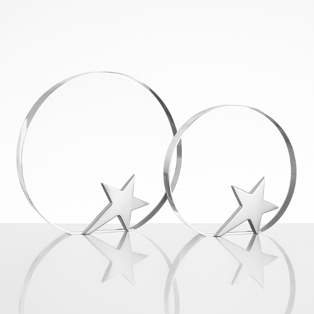 Engraved Optical Crystal Circle Award with Silver Star, 18cm