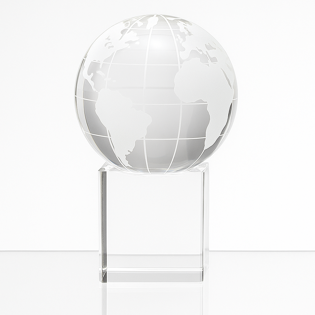 Engraved Optical Crystal Globe Award on Clear Crystal Base, 10cm