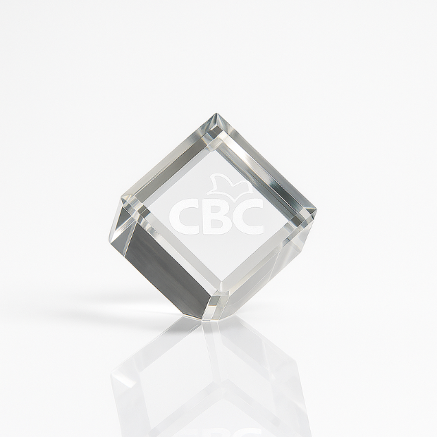 Engraved optical crystal bevelled cube award, 10cm