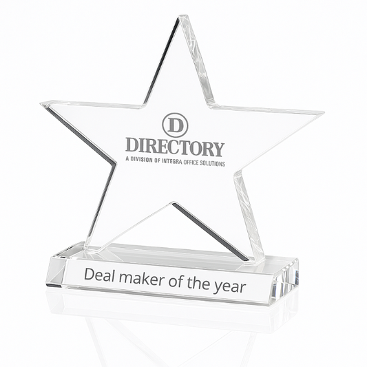 Engraved Optical Crystal Five Pointed Star Award on Base, 11cm