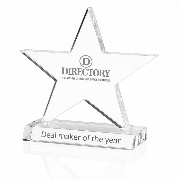 Engraved Optical Crystal Five Pointed Star Award on Base, 21cm