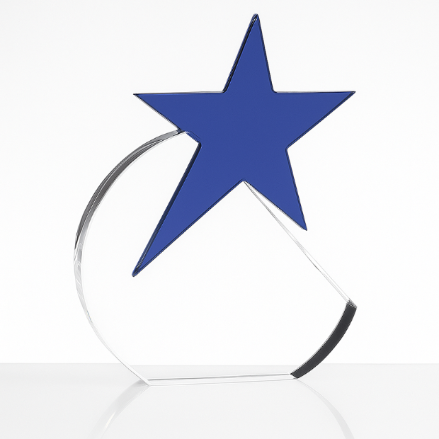 Engraved Optical Crystal Circle Award with Cobalt Blue Star, 15cm