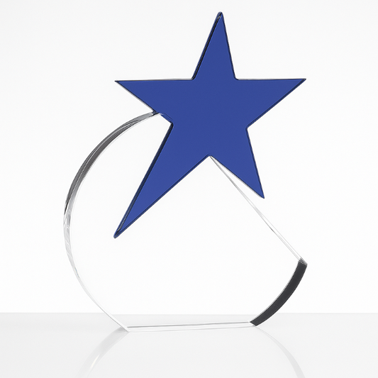 Engraved Optical Crystal Circle Award with Cobalt Blue Star, 15cm