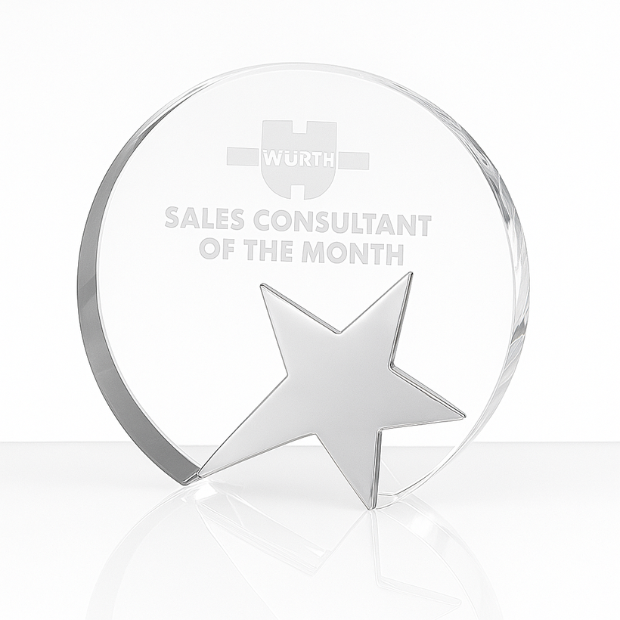 Engraved Optical Crystal Circle Award with Silver Star, 12cm
