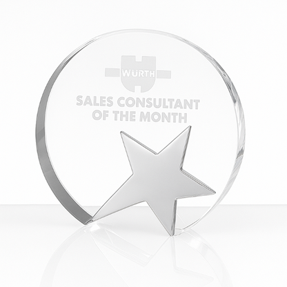 Engraved Optical Crystal Circle Award with Silver Star, 12cm