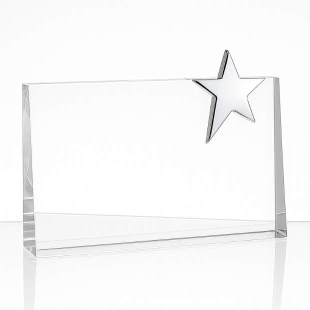 Engraved Optical Crystal Landscape Rectangle Award with Silver Star, 15cm