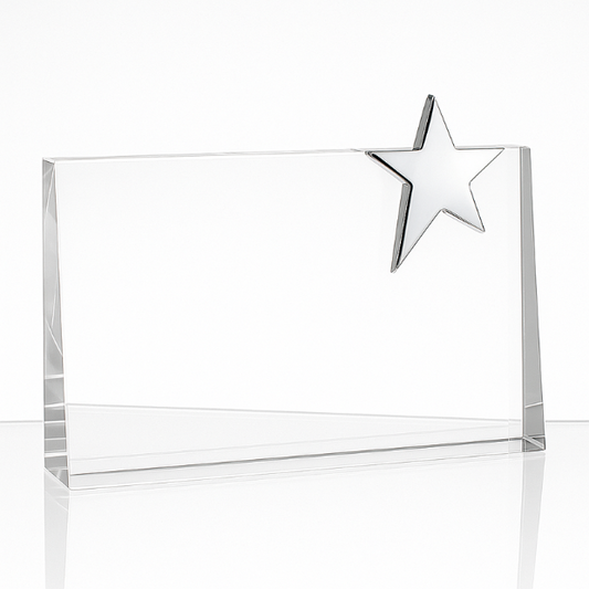 Engraved Optical Crystal Landscape Rectangle Award with Silver Star, 15cm