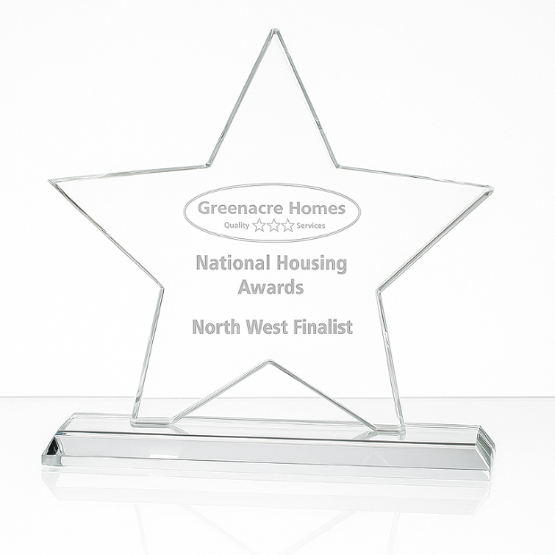 Engraved Mounted Jade Glass Star Award, 10.5cm x 10.5cm x 12mm