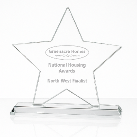 Engraved Mounted Jade Glass Star Award, 10.5cm x 10.5cm x 12mm
