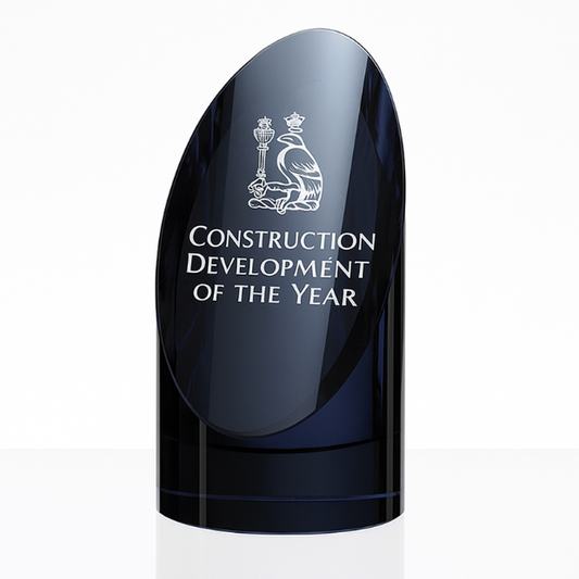 Engraved Clear and Sapphire Blue Optical Crystal Cylinder Award, 15cm