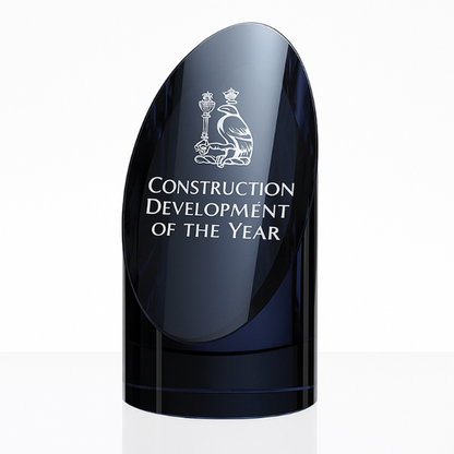Engraved Clear and Sapphire Blue Optical Crystal Cylinder Award, 18.5cm
