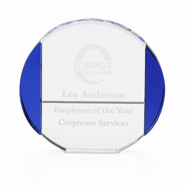Engraved Clear and Cobalt Blue Optical Crystal Column Circle Award