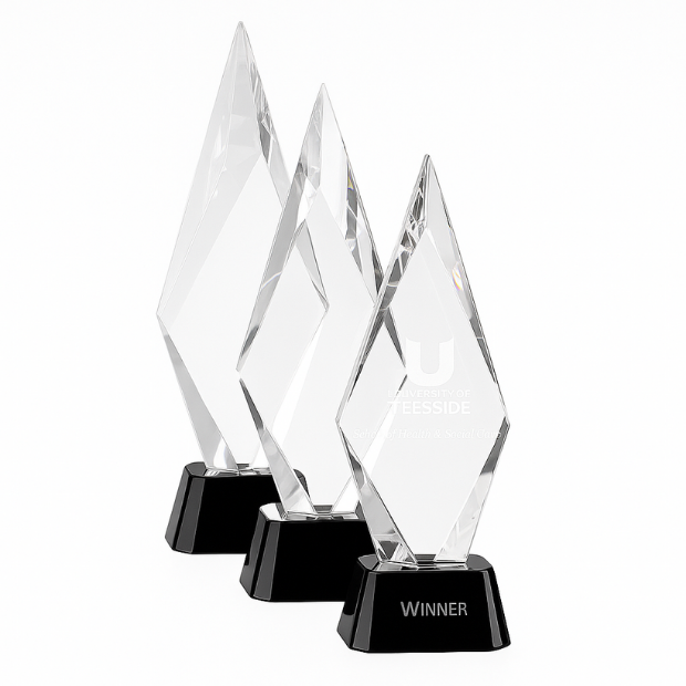Engraved Optical Crystal Facet Mounted Peak Award with Onyx Black Base, 28.5cm