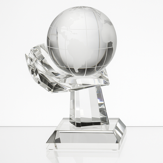 Engraved Optical Crystal Globe on Mounted Hand Award, 6cm