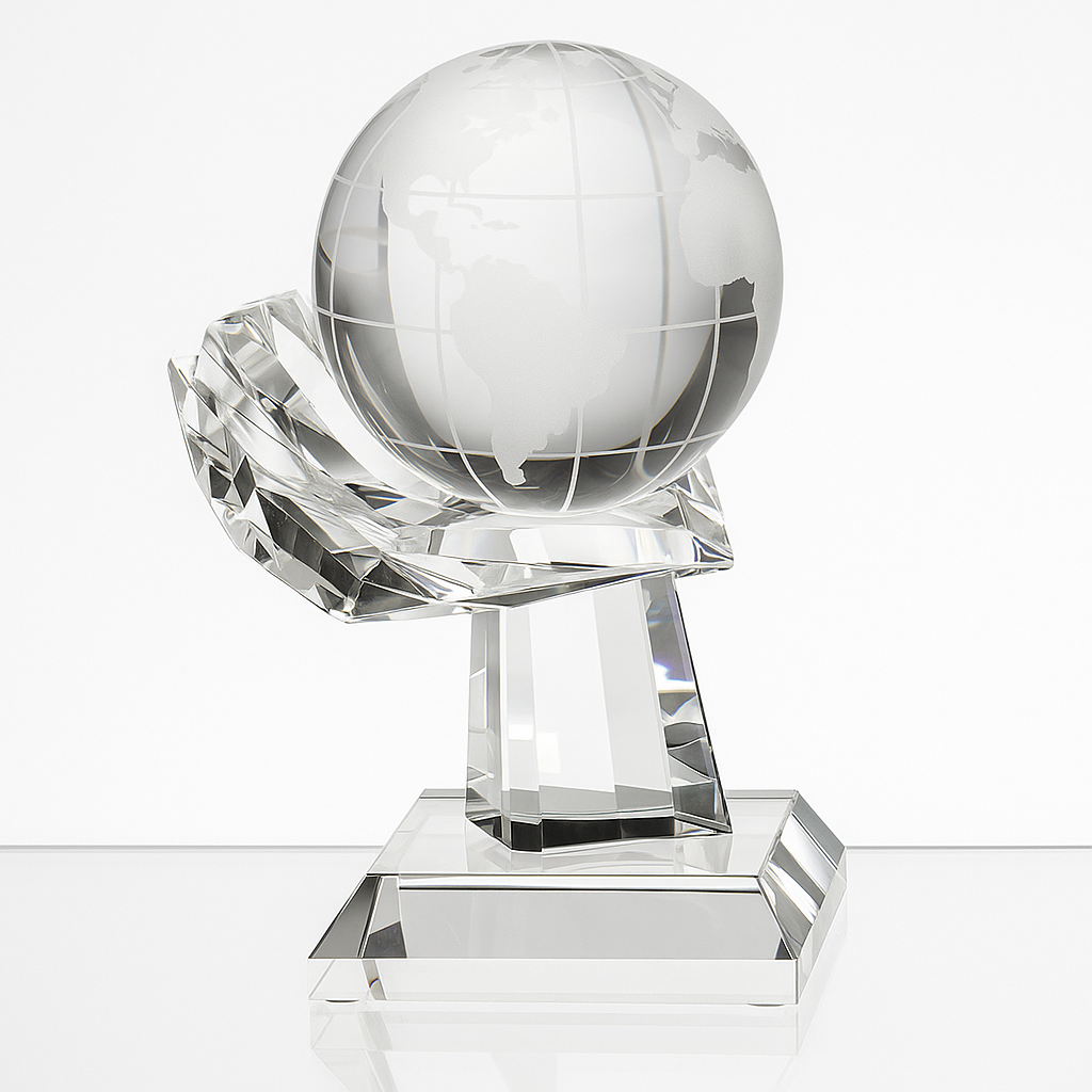 Engraved Optical Crystal Globe on Mounted Hand Award, 10cm