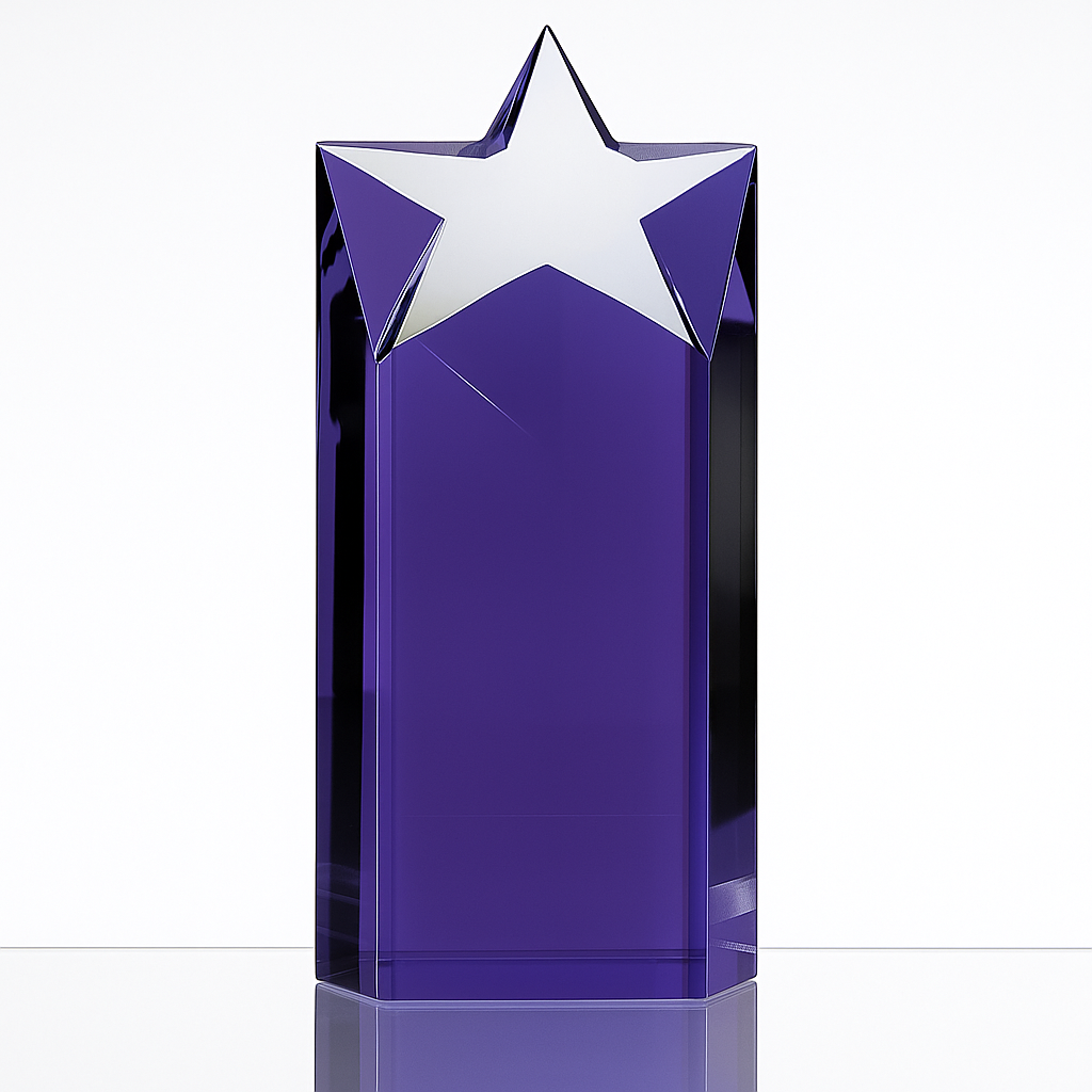Engraved Sapphire Blue Optical Crystal Star Column Award, 15cm