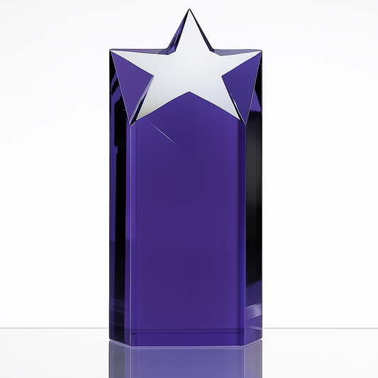 Engraved Sapphire Blue Optical Crystal Star Column Award, 15cm