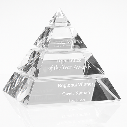 Engraved Optical Crystal Luxor Pyramid Award with Cobalt Blue Lines