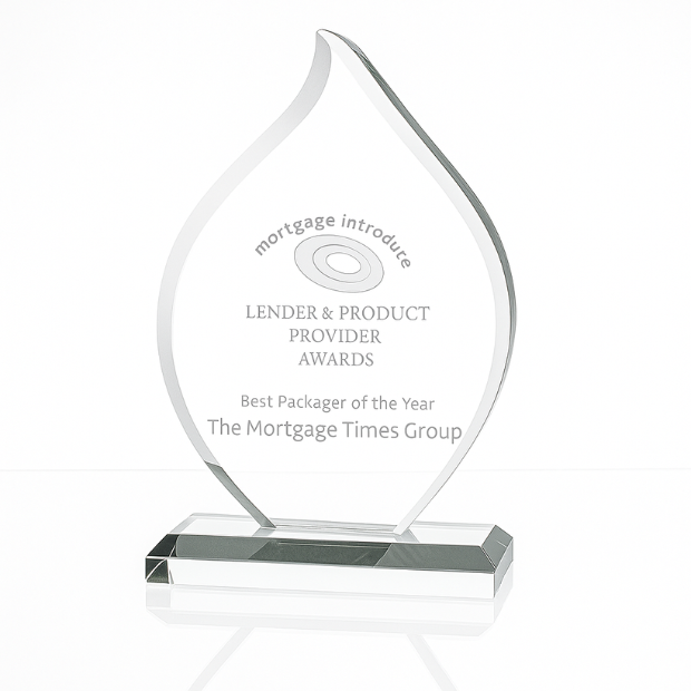 Engraved Jade Glass Flame Award, 19cm x 13.5cm x 12mm