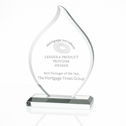 Engraved Jade Glass Flame Award, 19cm x 13.5cm x 12mm